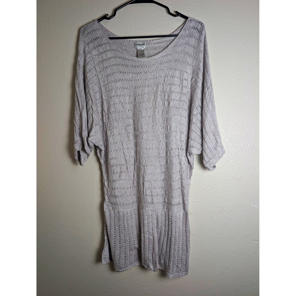 Chico's Womens Size 3 XL Silver Gray Open Knit Tunic Sweater 3/4 Sleeve